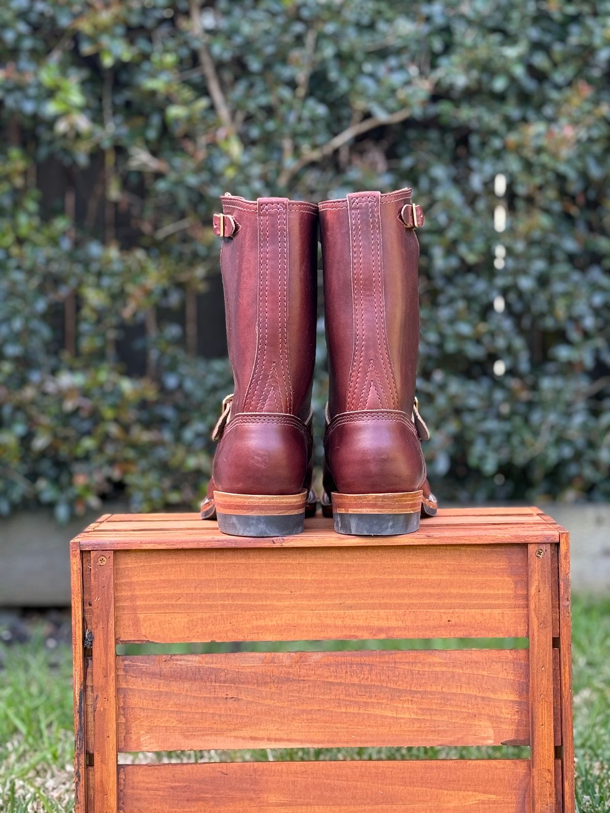 Photo by welts_and_wefts on October 6, 2024 of the Wesco Mister Lou in Horween Umber Chromexcel.
