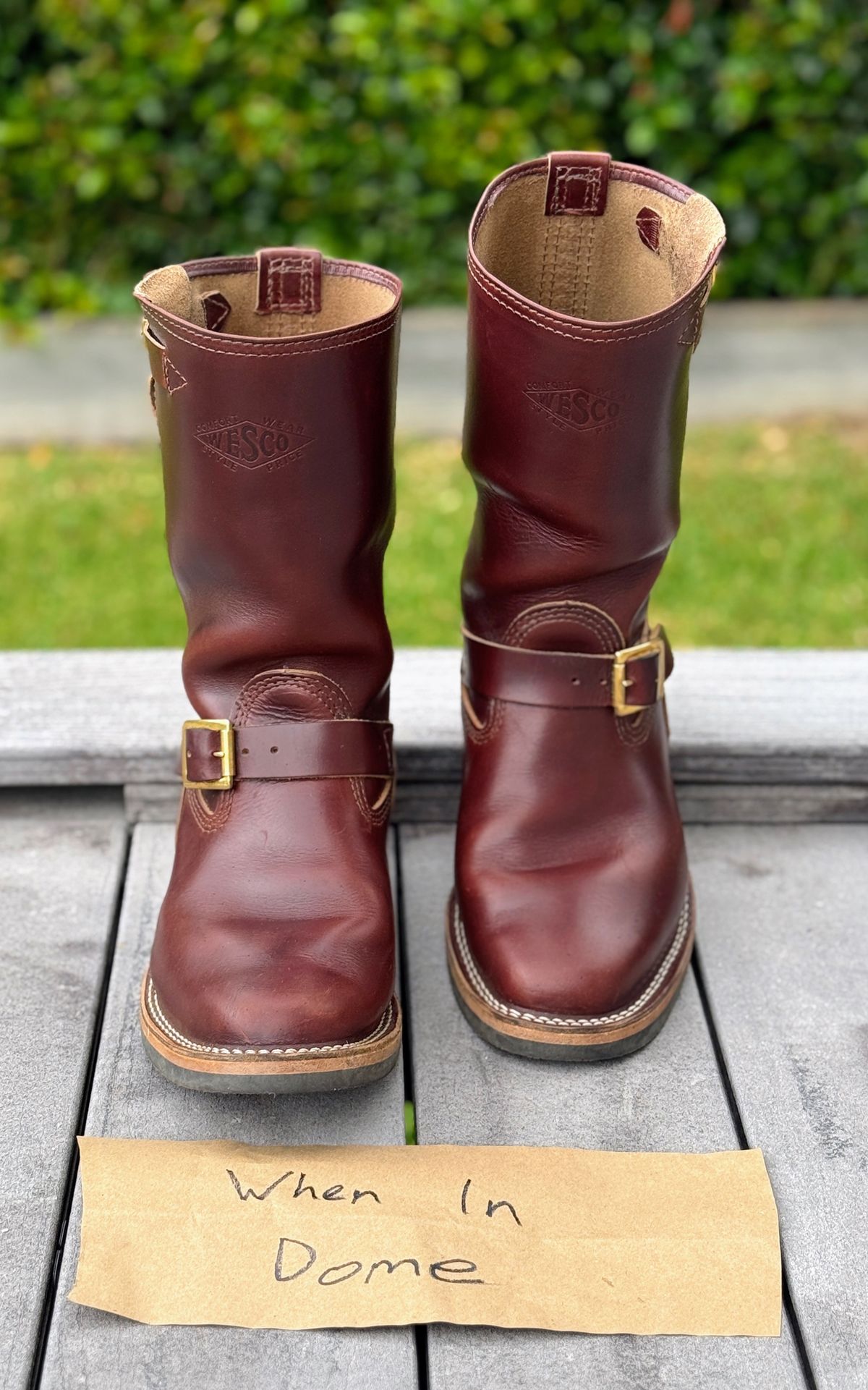 Photo by welts_and_wefts on November 2, 2024 of the Wesco Mister Lou in Horween Umber Chromexcel.