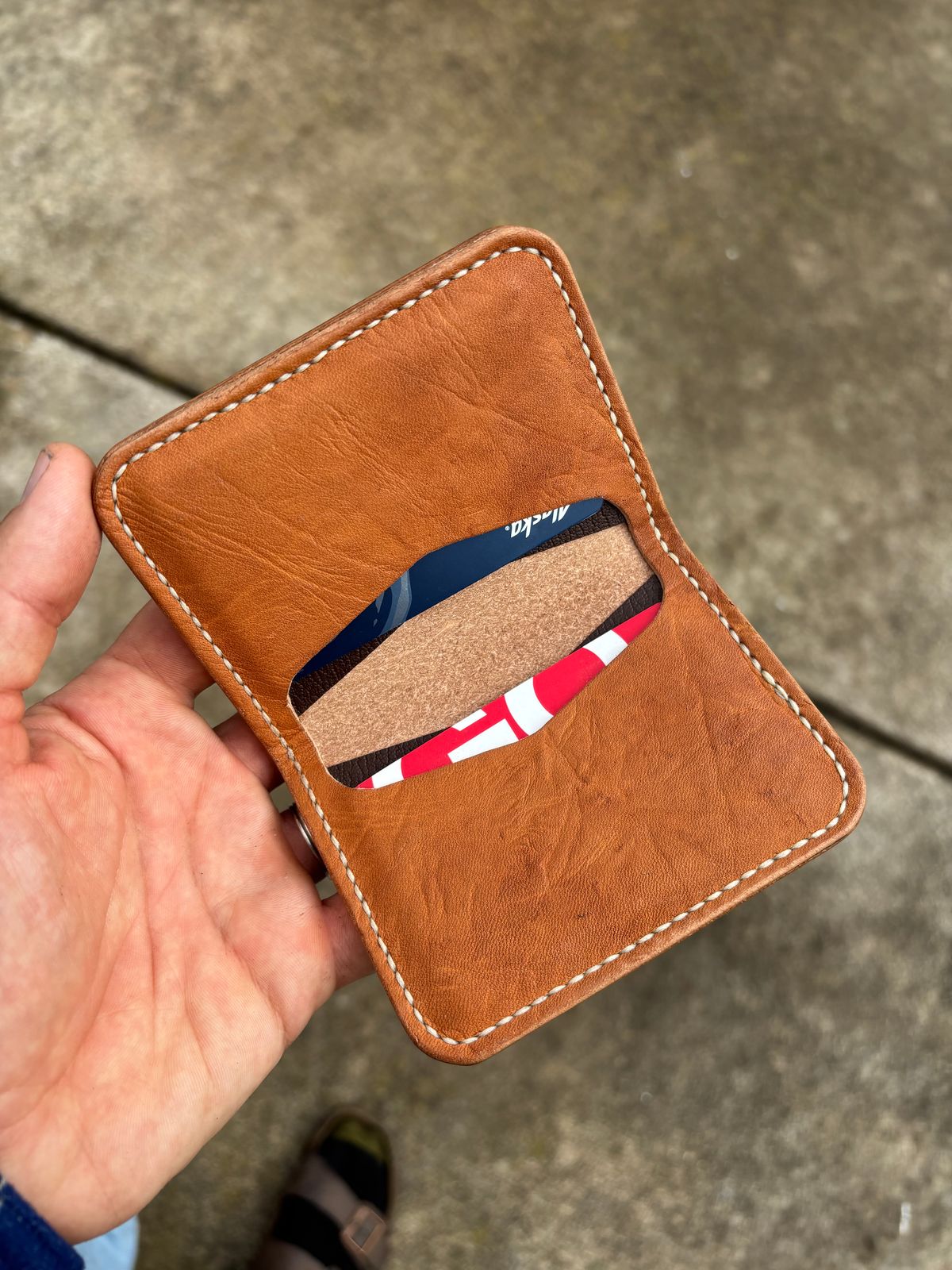 Photo by philbert on October 1, 2025 of the Self-Made ID Card Wallet in Unknown Natural Veg Tan Outside And Tanzanian Goat Inside.