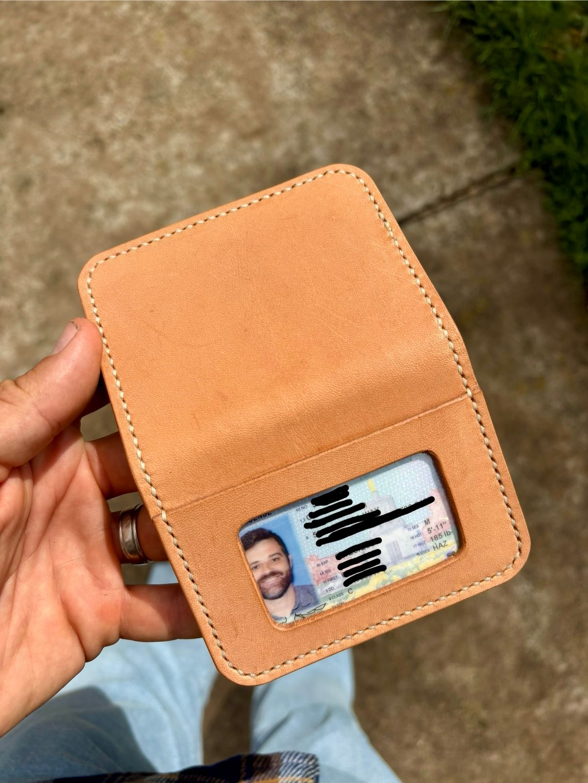 Photo by philbert on October 1, 2025 of the Self-Made ID Card Wallet in Unknown Natural Veg Tan Outside And Tanzanian Goat Inside.
