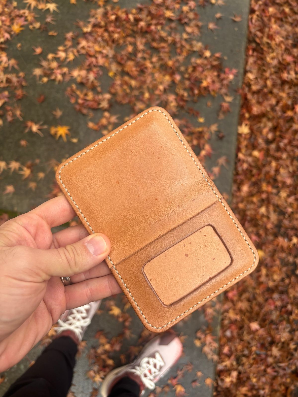 Photo by philbert on December 5, 2025 of the Self-Made ID Card Wallet in Unknown Natural Veg Tan Outside And Tanzanian Goat Inside.