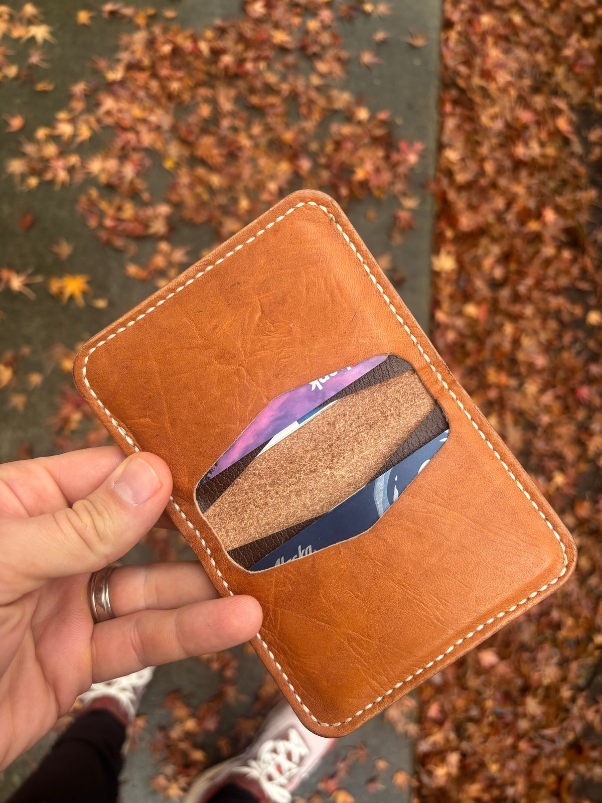 Photo by philbert on December 5, 2025 of the Self-Made ID Card Wallet in Unknown Natural Veg Tan Outside And Tanzanian Goat Inside.