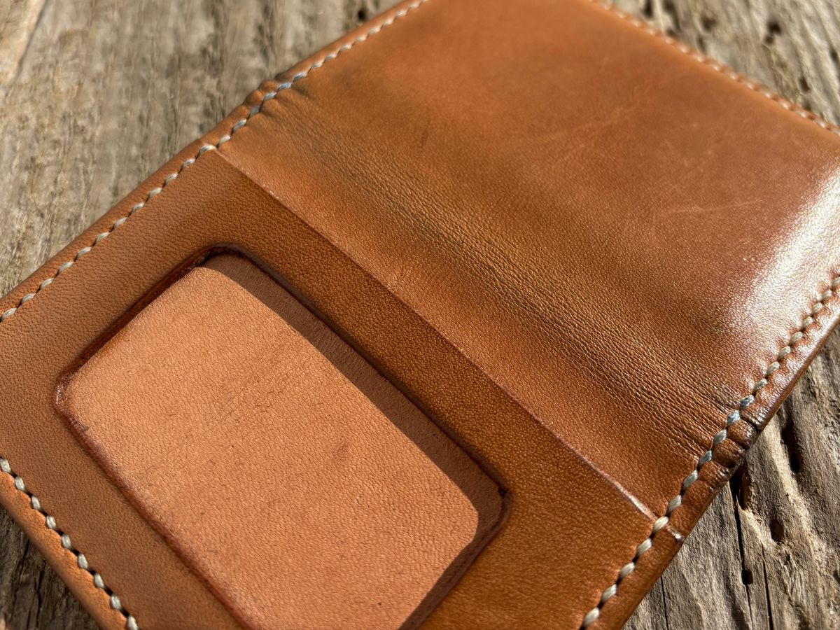 Photo by philbert on February 2, 2026 of the Self-Made ID Card Wallet in Unknown Natural Veg Tan Outside And Tanzanian Goat Inside.