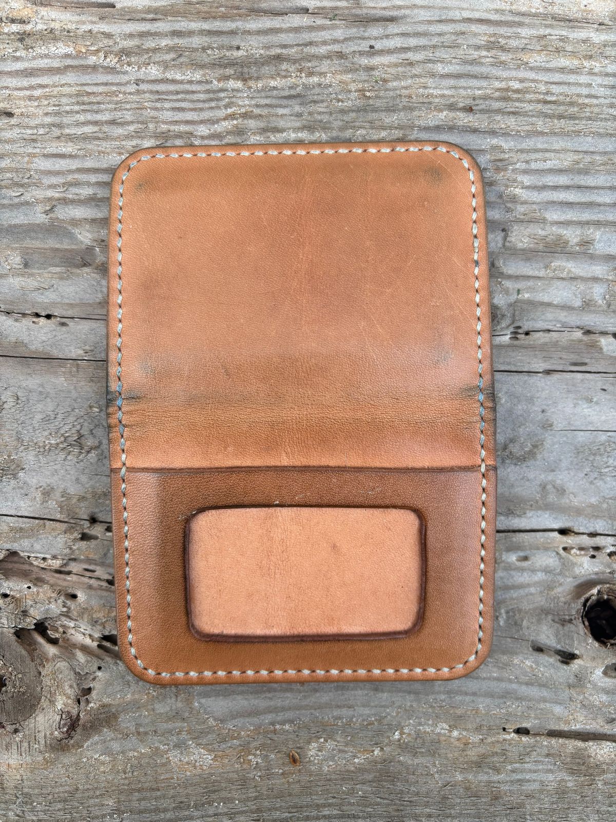 Photo by philbert on March 4, 2026 of the Self-Made ID Card Wallet in Unknown Natural Veg Tan Outside And Tanzanian Goat Inside.