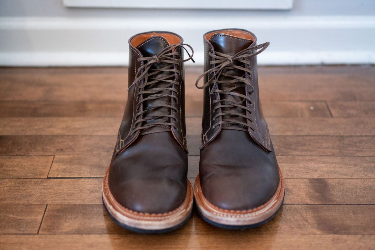 Photo by pesayerm on December 5, 2025 of the Viberg Derby Boot in Horween Dark Cognac Shell Cordovan.