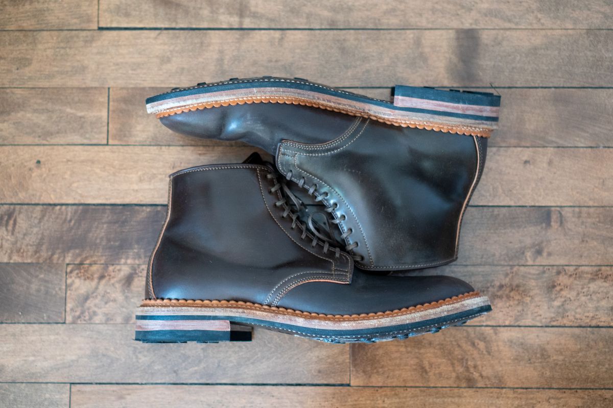 Photo by pesayerm on December 5, 2025 of the Viberg Derby Boot in Horween Dark Cognac Shell Cordovan.