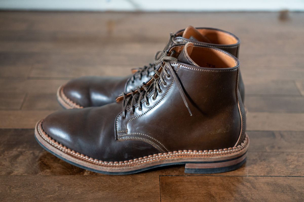 Photo by pesayerm on January 5, 2026 of the Viberg Derby Boot in Horween Dark Cognac Shell Cordovan.
