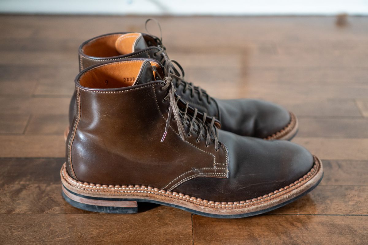 Photo by pesayerm on January 5, 2026 of the Viberg Derby Boot in Horween Dark Cognac Shell Cordovan.