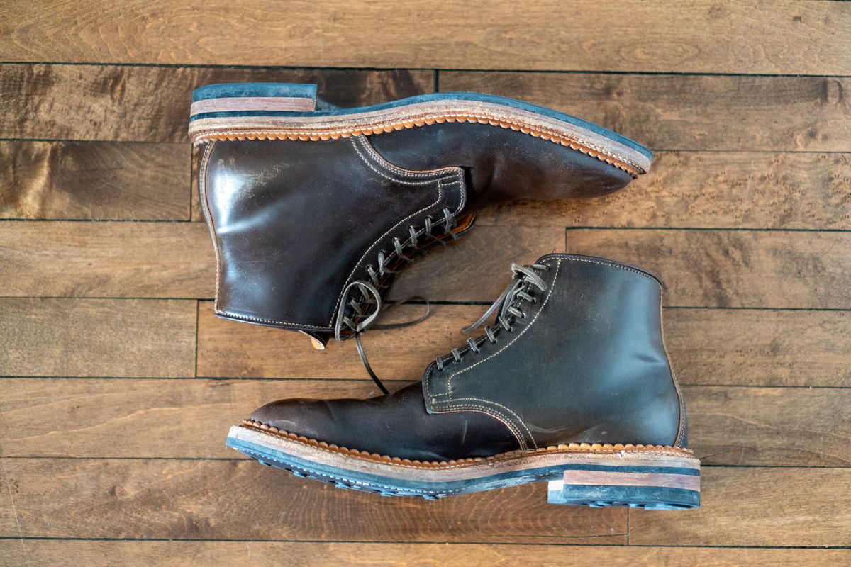 Photo by pesayerm on April 3, 2026 of the Viberg Derby Boot in Horween Dark Cognac Shell Cordovan.