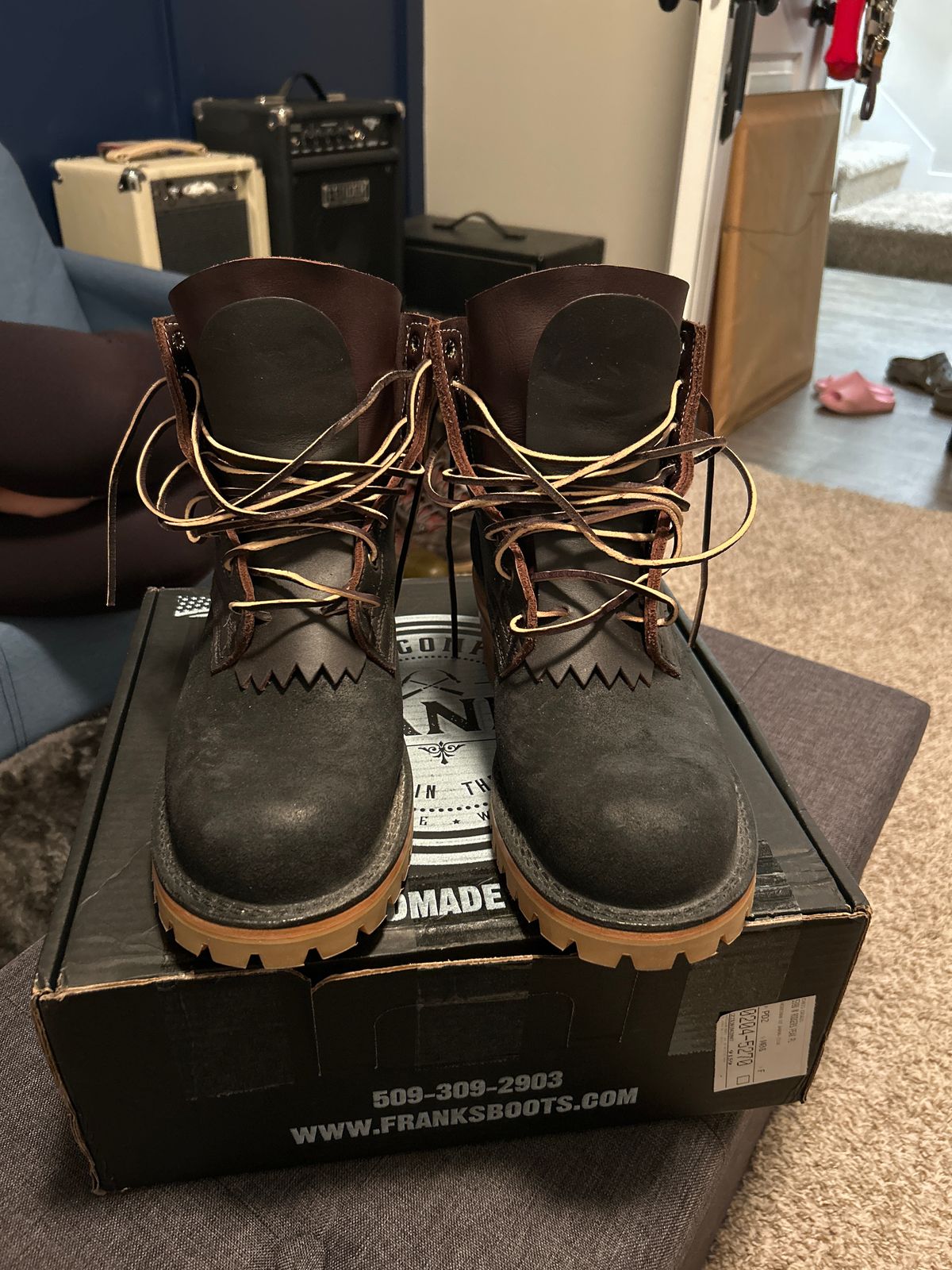 Photo by killerbootsman on July 23, 2024 of the Frank's Boots Type 2 Highlander in Black Roughout Work Leather & Seidel Mocha Oil Tan.