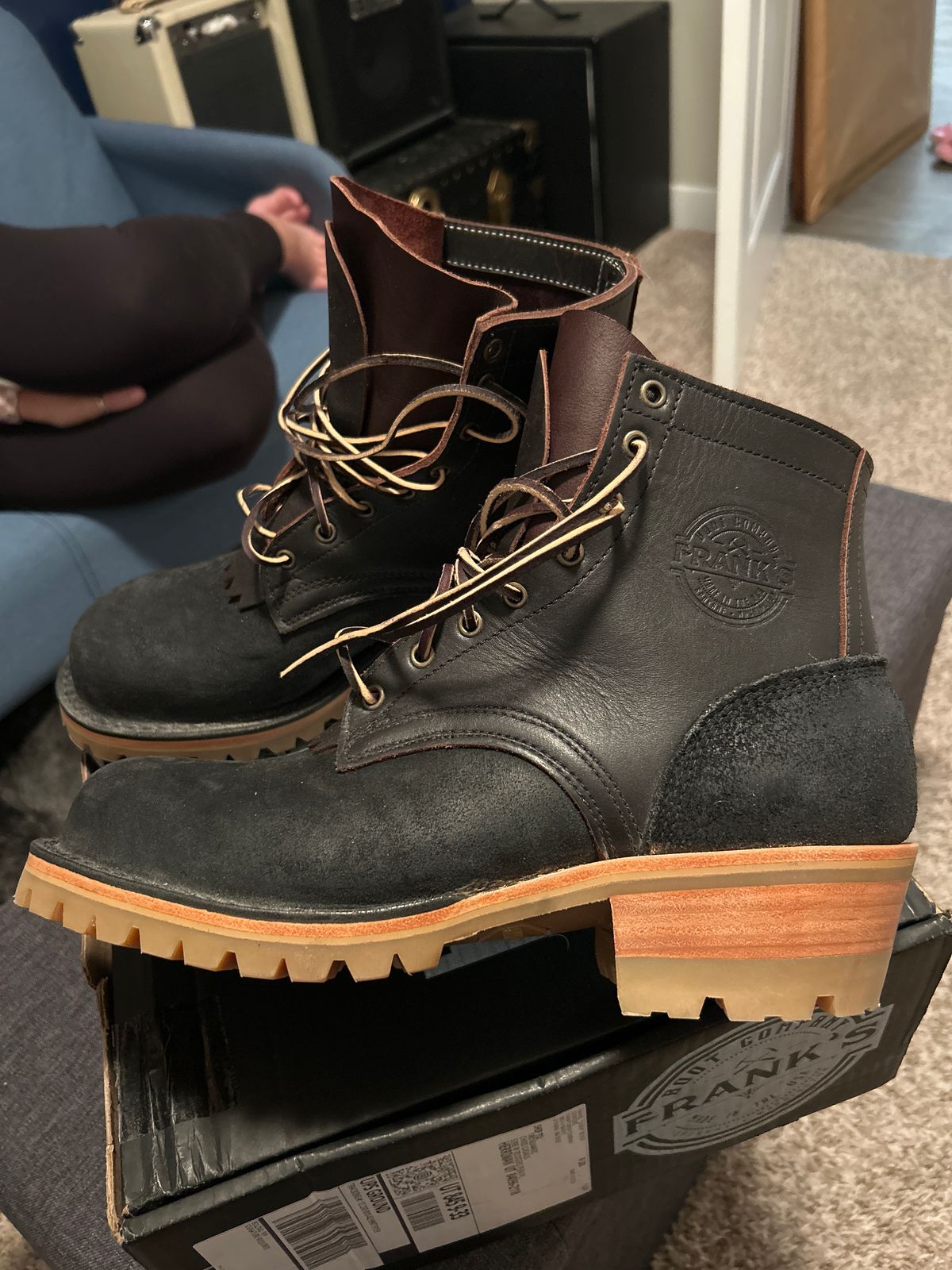 Photo by killerbootsman on July 23, 2024 of the Frank's Boots Type 2 Highlander in Black Roughout Work Leather & Seidel Mocha Oil Tan.