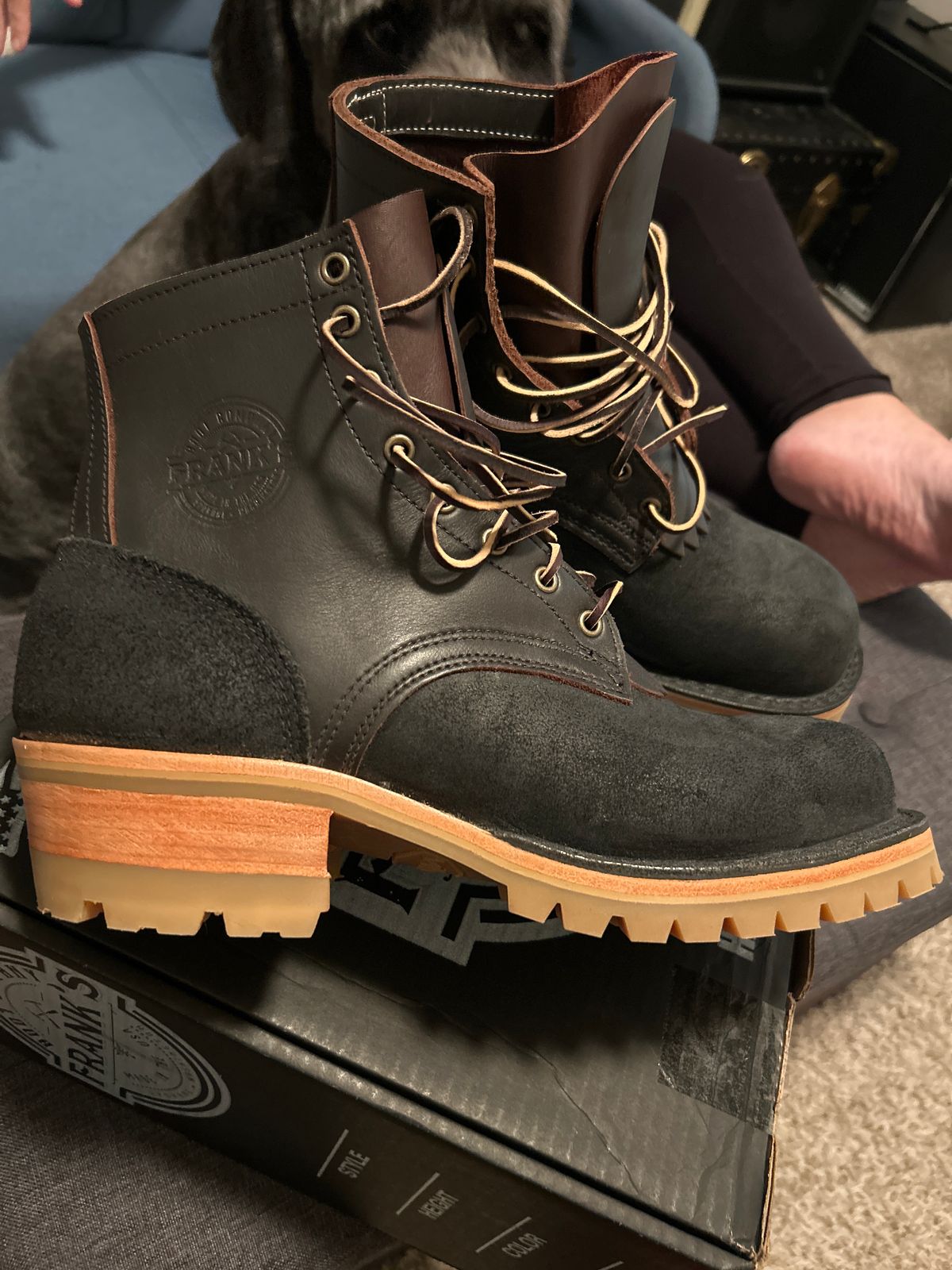 Photo by killerbootsman on July 23, 2024 of the Frank's Boots Type 2 Highlander in Black Roughout Work Leather & Seidel Mocha Oil Tan.