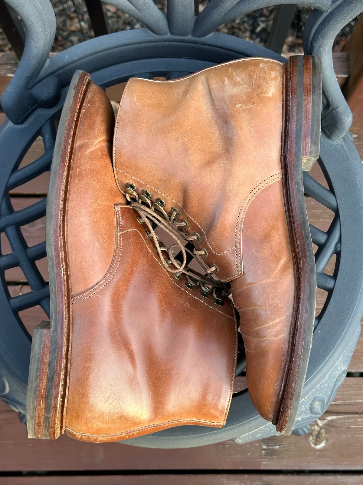 Photo by unsound_gambit on November 2, 2022 of the Grant Stone Edward Boot in Horween Honey Glazed Shell Cordovan.