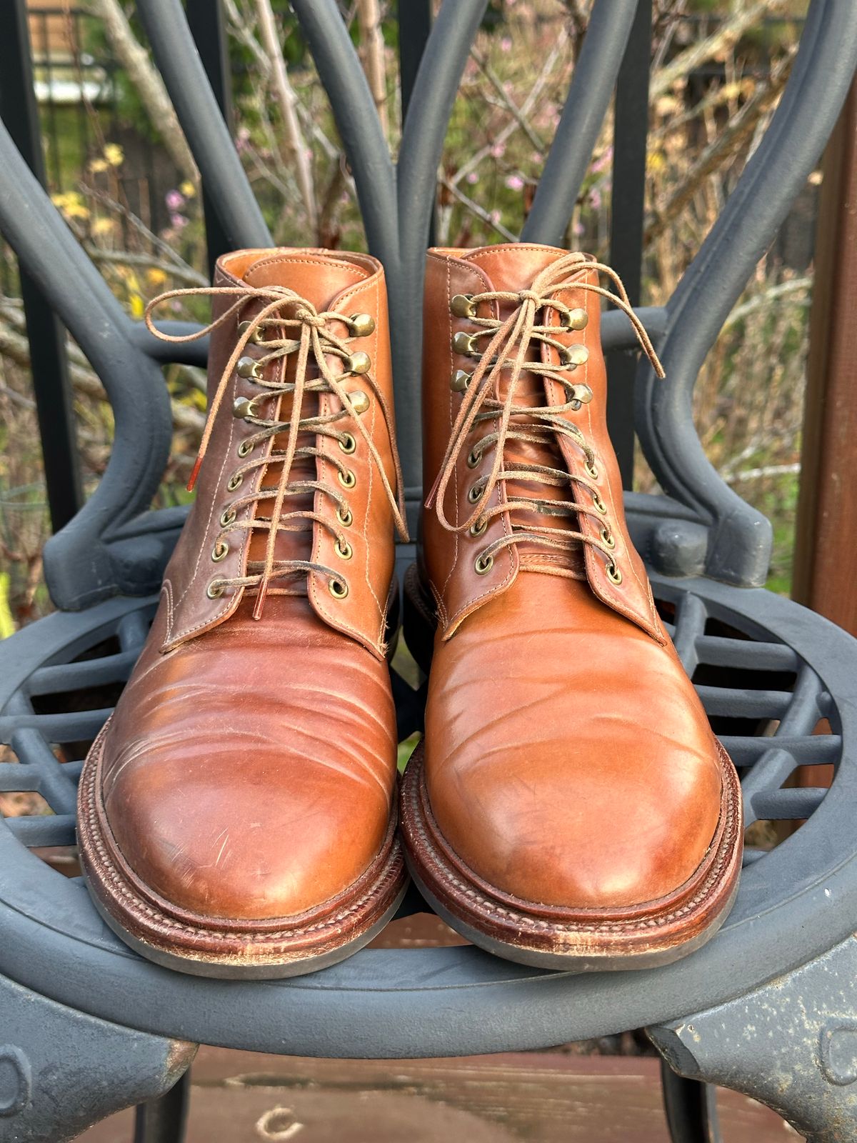Photo by unsound_gambit on December 4, 2022 of the Grant Stone Edward Boot in Horween Honey Glazed Shell Cordovan.