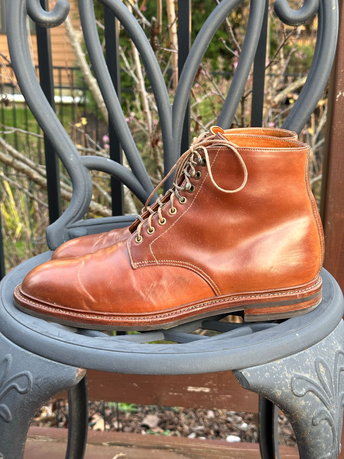 Photo by unsound_gambit on December 4, 2022 of the Grant Stone Edward Boot in Horween Honey Glazed Shell Cordovan.