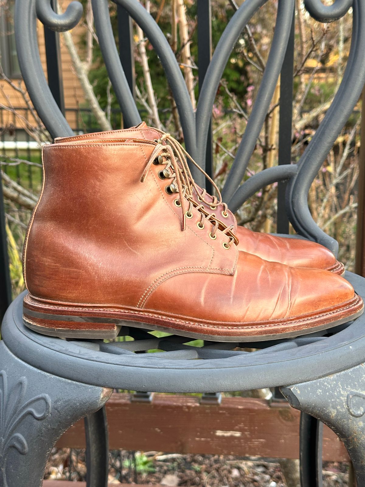 Photo by unsound_gambit on December 4, 2022 of the Grant Stone Edward Boot in Horween Honey Glazed Shell Cordovan.