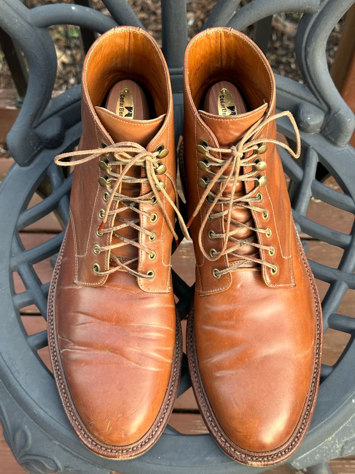 Photo by unsound_gambit on December 4, 2022 of the Grant Stone Edward Boot in Horween Honey Glazed Shell Cordovan.