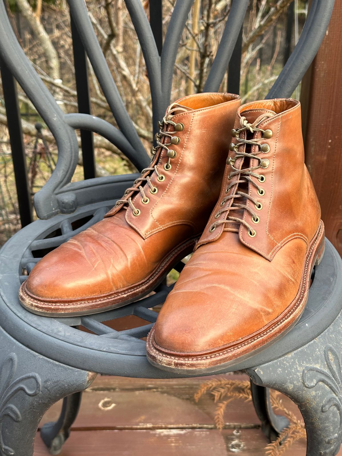 Photo by unsound_gambit on February 5, 2023 of the Grant Stone Edward Boot in Horween Honey Glazed Shell Cordovan.