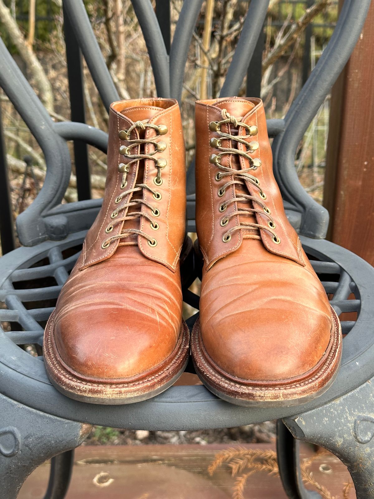 Photo by unsound_gambit on February 5, 2023 of the Grant Stone Edward Boot in Horween Honey Glazed Shell Cordovan.