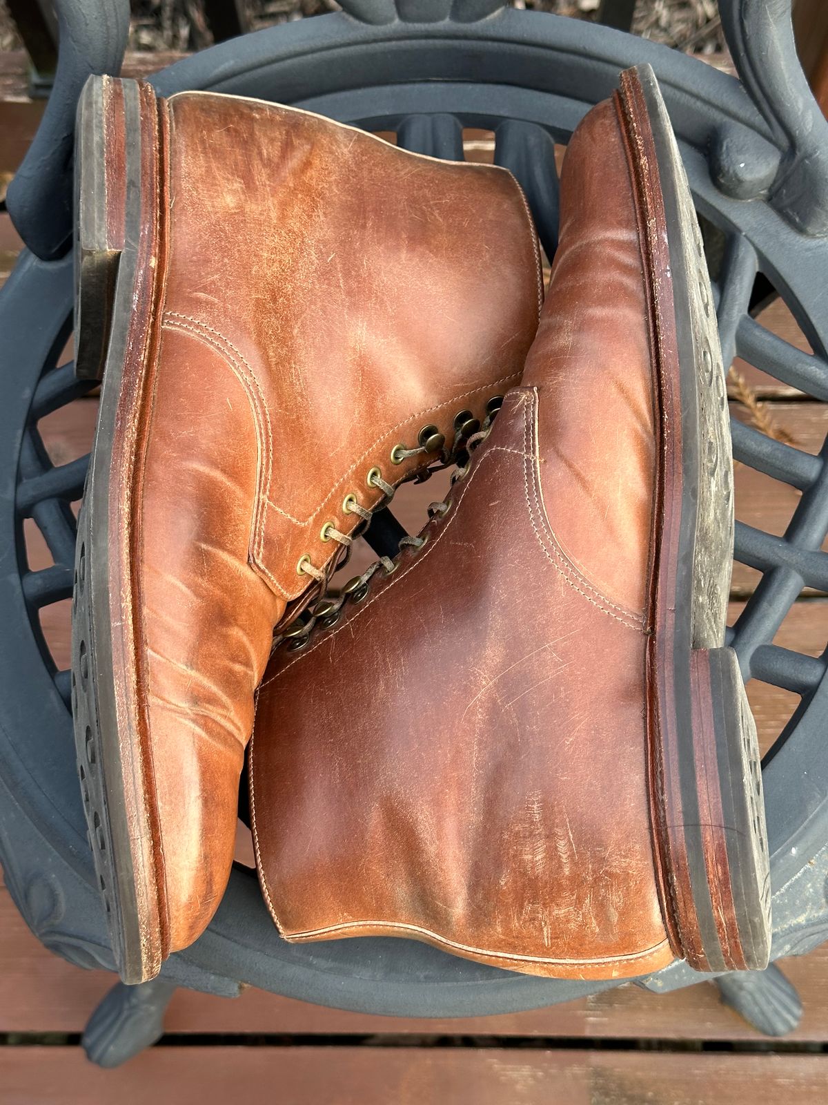 Photo by unsound_gambit on February 5, 2023 of the Grant Stone Edward Boot in Horween Honey Glazed Shell Cordovan.