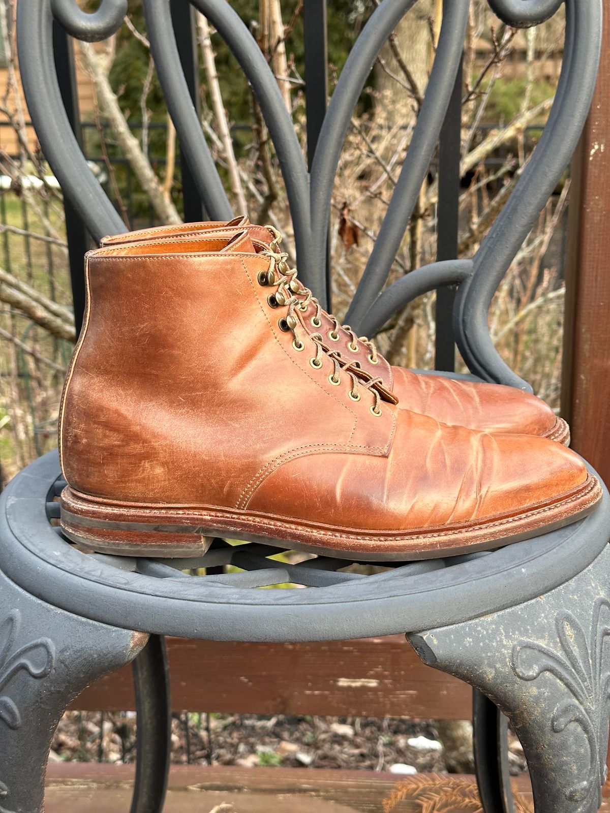 Photo by unsound_gambit on February 5, 2023 of the Grant Stone Edward Boot in Horween Honey Glazed Shell Cordovan.