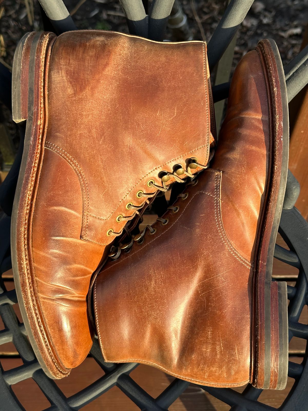 Photo by unsound_gambit on March 5, 2023 of the Grant Stone Edward Boot in Horween Honey Glazed Shell Cordovan.