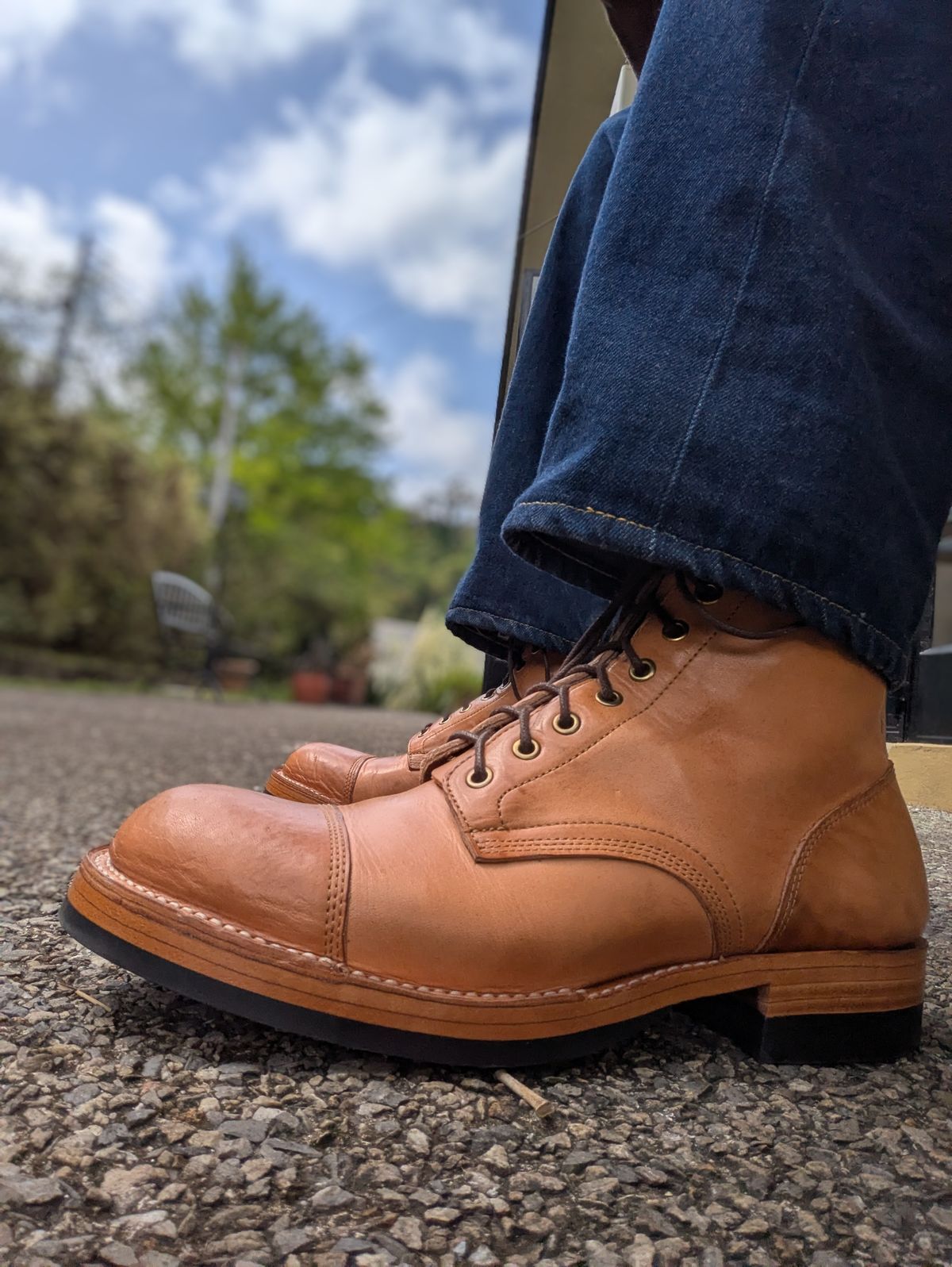 Photo by dwbrunton on June 4, 2025 of the Bordon Tukano Boots in Wickett & Craig Russet Traditional Harness.