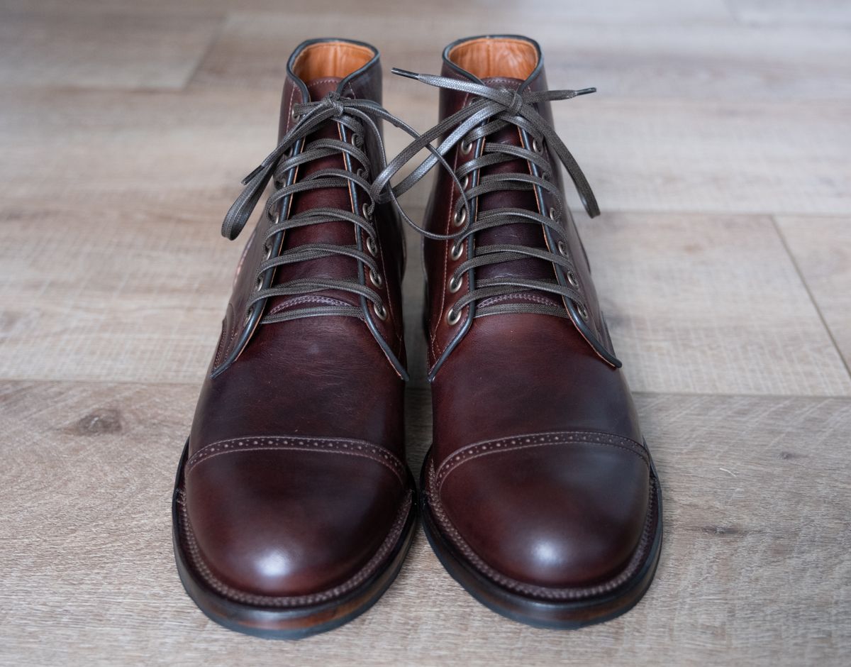 Photo by Hi.Im.Ron on October 2, 2024 of the Viberg Service Boot in Shinki Hikaku Dark Brown Latigo Horsehide.