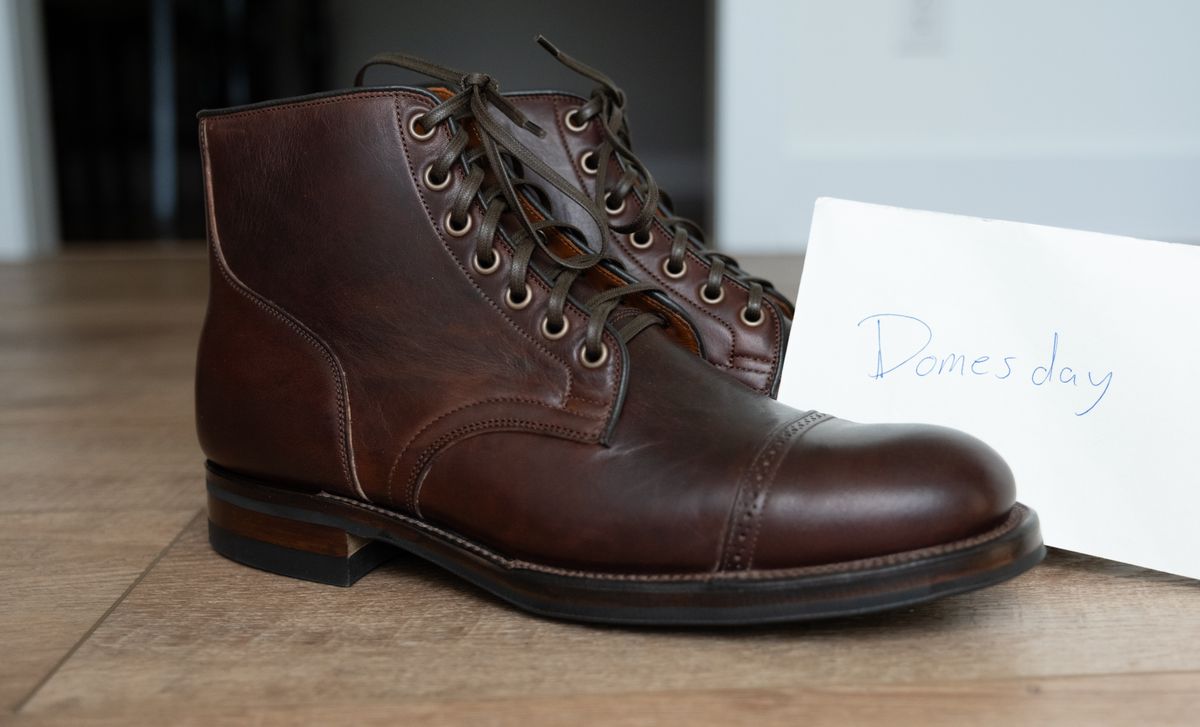 Photo by Hi.Im.Ron on October 2, 2024 of the Viberg Service Boot in Shinki Hikaku Dark Brown Latigo Horsehide.