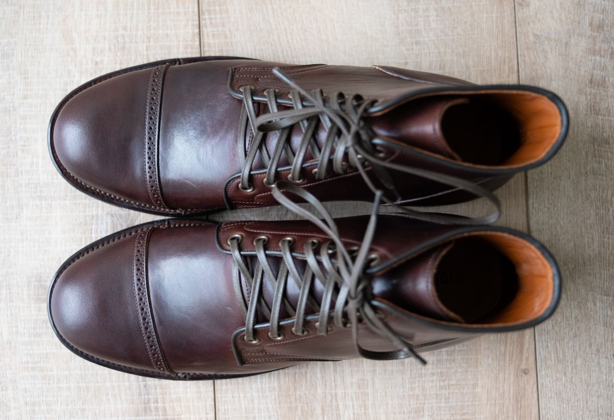Photo by Hi.Im.Ron on October 2, 2024 of the Viberg Service Boot in Shinki Hikaku Dark Brown Latigo Horsehide.