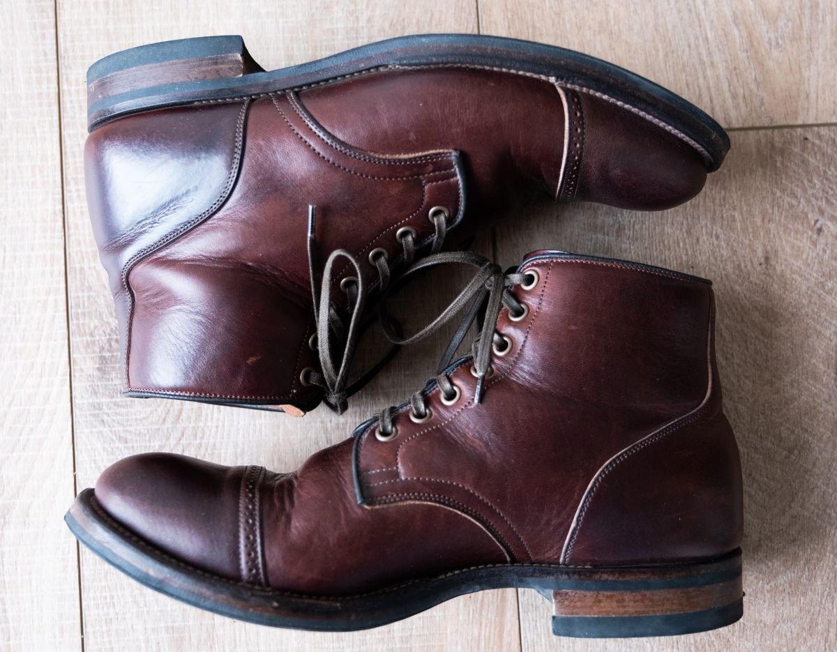 Photo by Hi.Im.Ron on December 3, 2024 of the Viberg Service Boot in Shinki Hikaku Dark Brown Latigo Horsehide.
