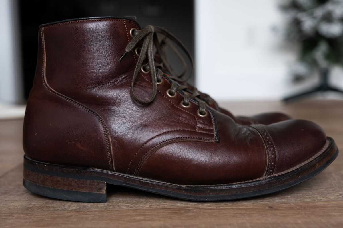 Photo by Hi.Im.Ron on December 3, 2024 of the Viberg Service Boot in Shinki Hikaku Dark Brown Latigo Horsehide.