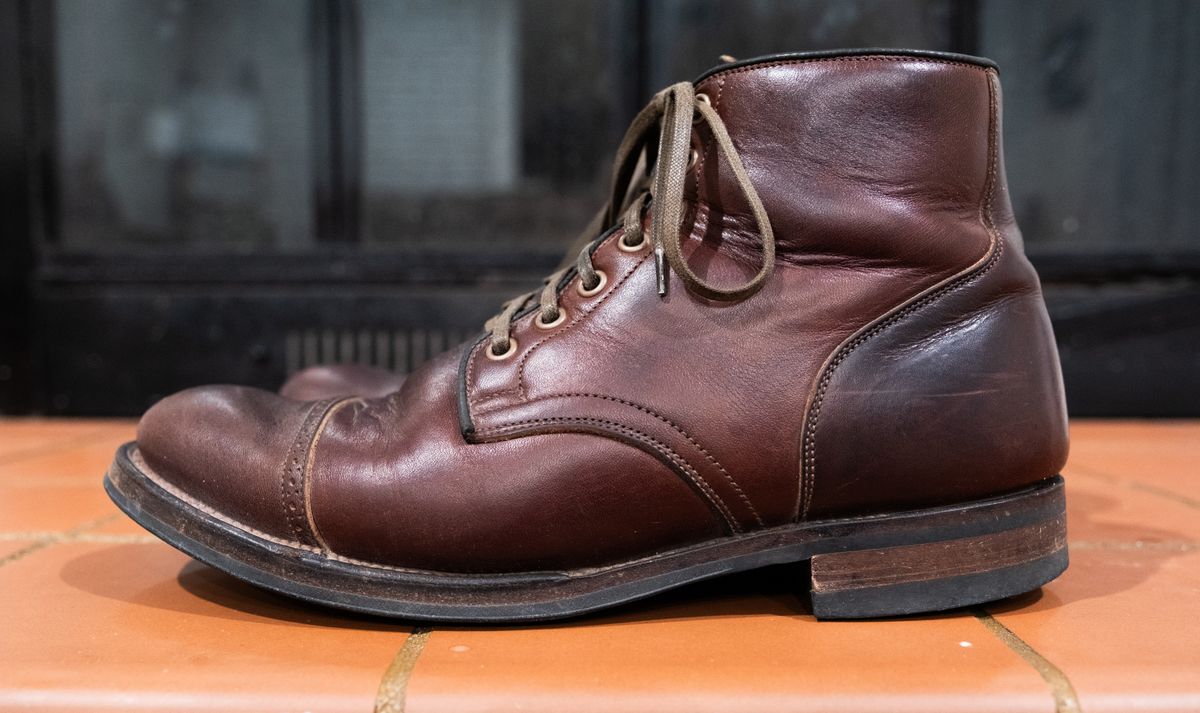Photo by Hi.Im.Ron on February 6, 2024 of the Viberg Service Boot in Shinki Hikaku Dark Brown Latigo Horsehide.