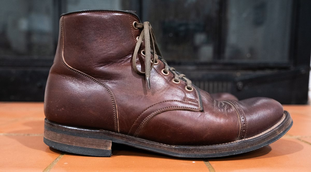 Photo by Hi.Im.Ron on February 6, 2024 of the Viberg Service Boot in Shinki Hikaku Dark Brown Latigo Horsehide.