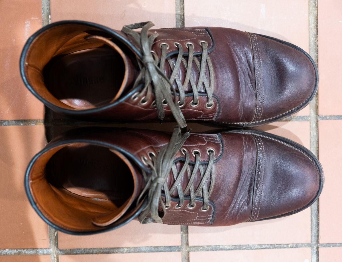 Photo by Hi.Im.Ron on February 6, 2024 of the Viberg Service Boot in Shinki Hikaku Dark Brown Latigo Horsehide.