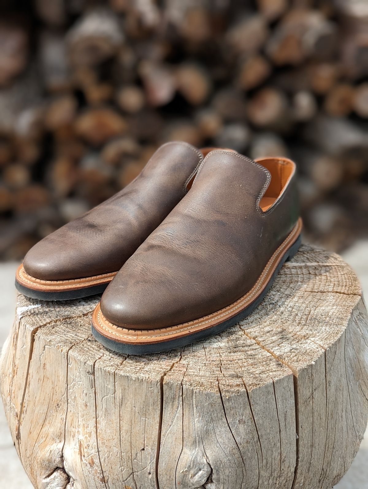 Photo by timelesstough on April 30, 2023 of the Viberg Slipper in C.F. Stead Clove Regency Calf.
