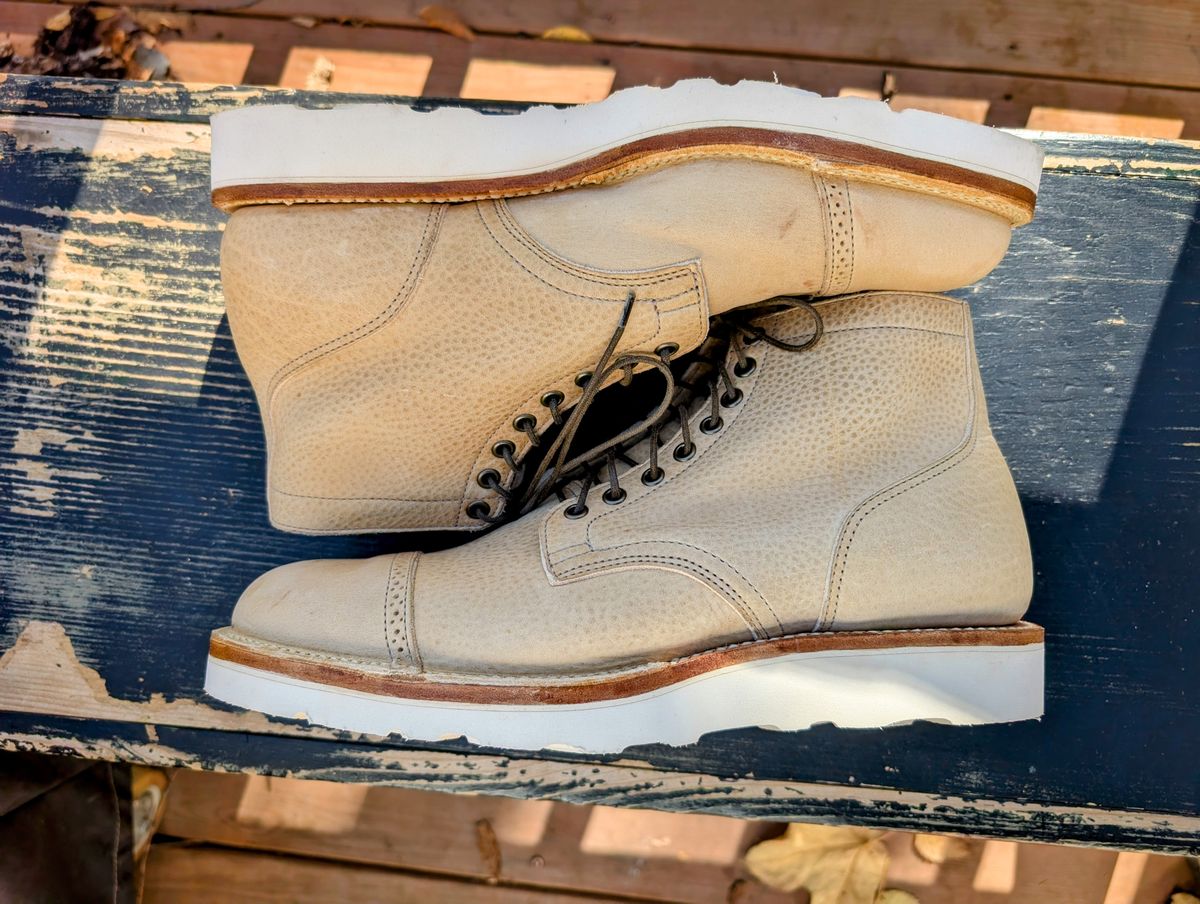 Photo by timelesstough on November 3, 2025 of the Viberg Scout Boot in Horween Natural Olive Tan.