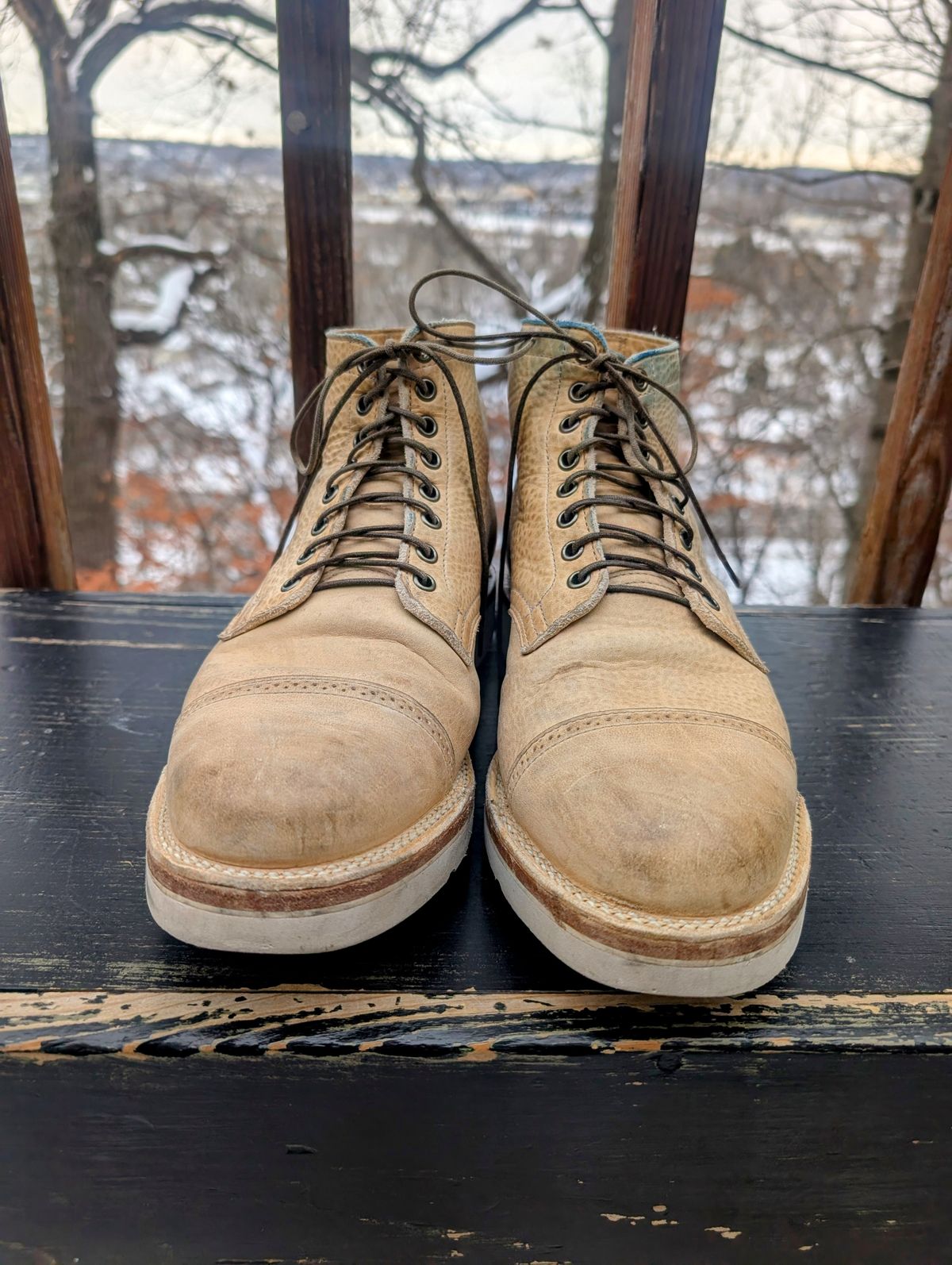Photo by timelesstough on December 4, 2025 of the Viberg Scout Boot in Horween Natural Olive Tan.