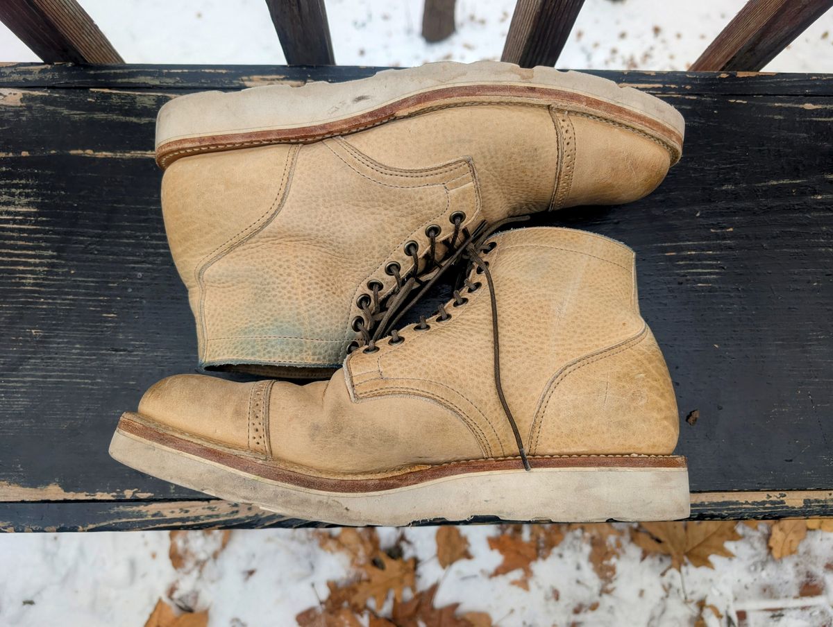 Photo by timelesstough on December 4, 2025 of the Viberg Scout Boot in Horween Natural Olive Tan.