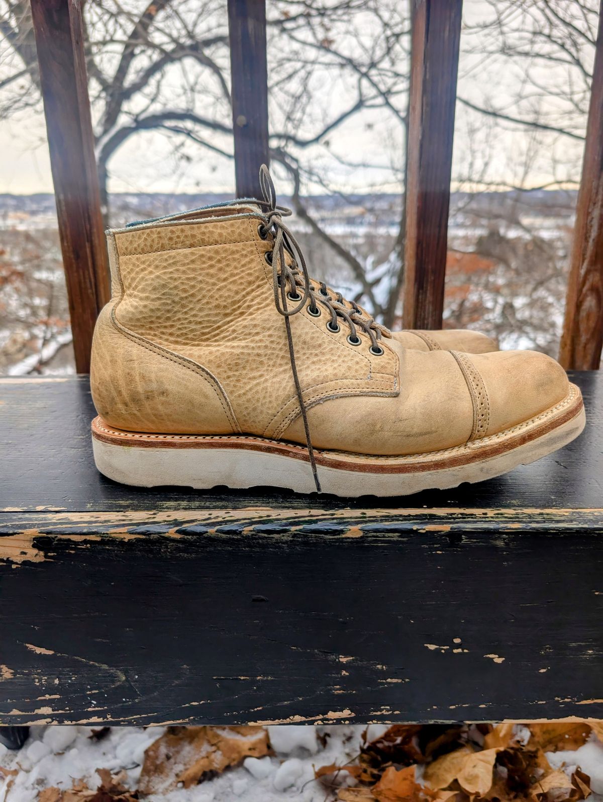 Photo by timelesstough on December 4, 2025 of the Viberg Scout Boot in Horween Natural Olive Tan.
