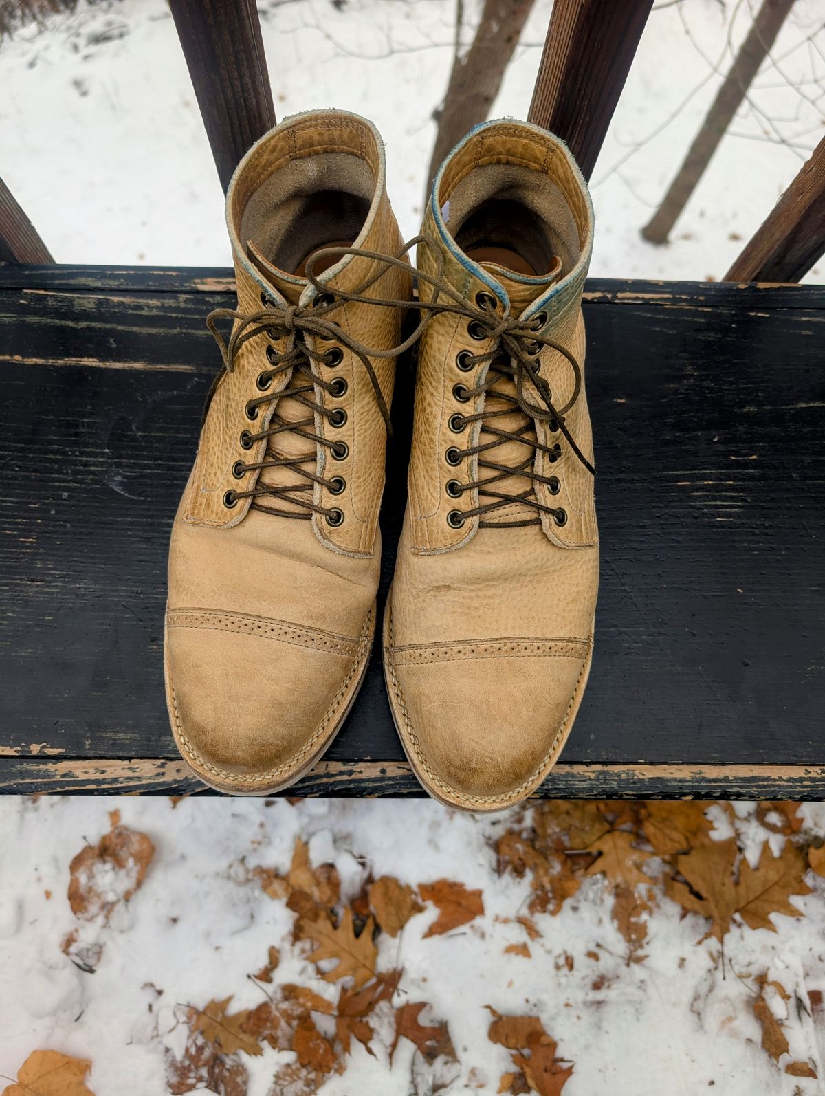 Photo by timelesstough on December 4, 2025 of the Viberg Scout Boot in Horween Natural Olive Tan.