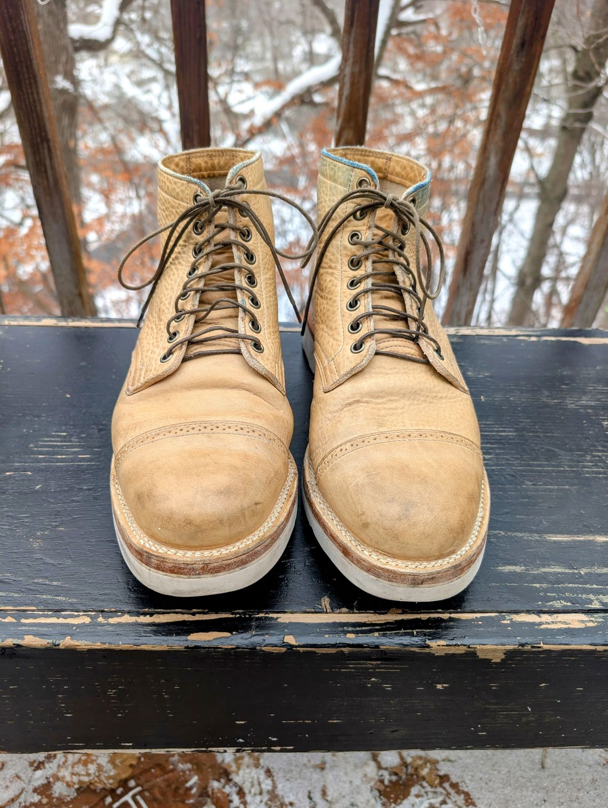 Photo by timelesstough on January 3, 2026 of the Viberg Scout Boot in Horween Natural Olive Tan.