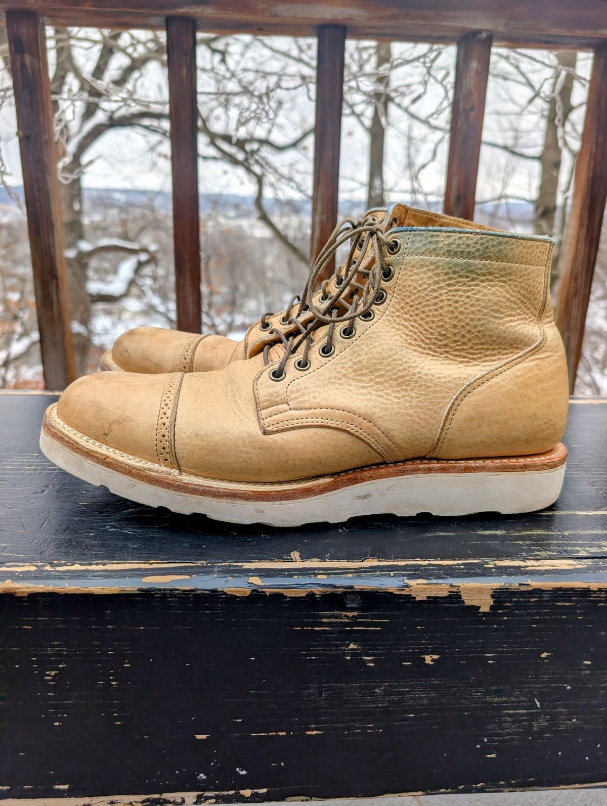 Photo by timelesstough on January 3, 2026 of the Viberg Scout Boot in Horween Natural Olive Tan.