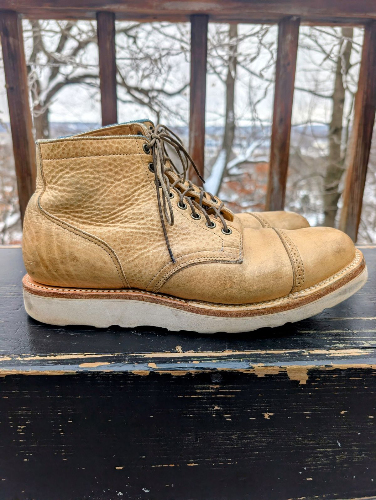 Photo by timelesstough on January 3, 2026 of the Viberg Scout Boot in Horween Natural Olive Tan.