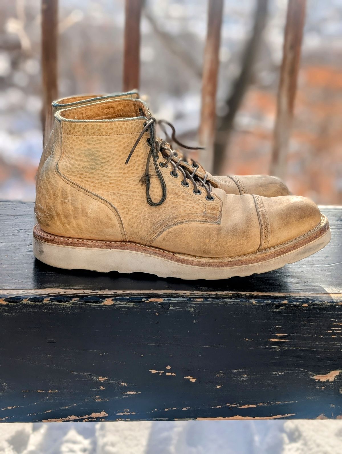 Photo by timelesstough on February 2, 2026 of the Viberg Scout Boot in Horween Natural Olive Tan.