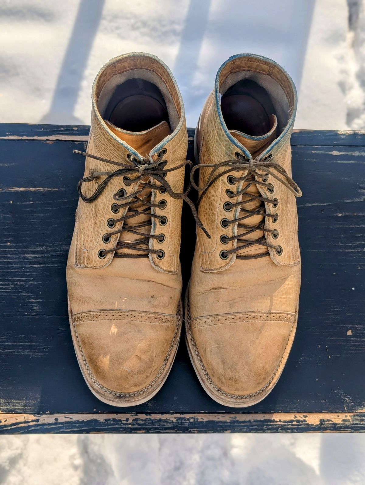 Photo by timelesstough on February 2, 2026 of the Viberg Scout Boot in Horween Natural Olive Tan.