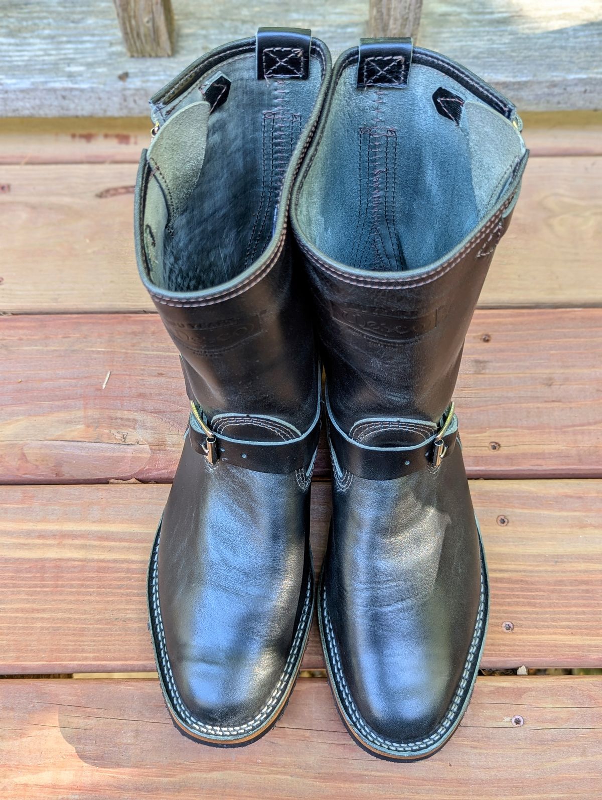 Photo by timelesstough on October 1, 2024 of the Wesco Mister Lou in Maryam Petrolio Waxed Black Horsehide.