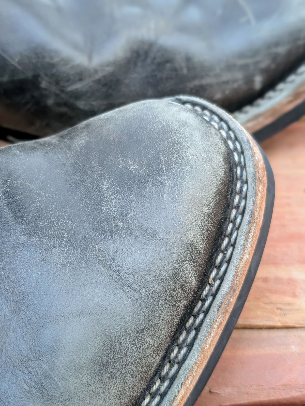 Photo by timelesstough on January 4, 2025 of the Wesco Mister Lou in Maryam Petrolio Waxed Black Horsehide.