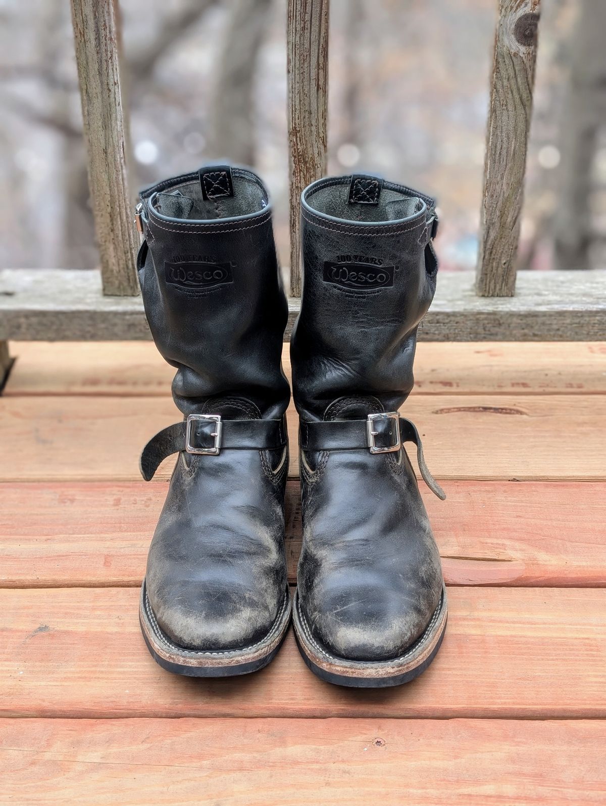 Photo by timelesstough on April 1, 2025 of the Wesco Mister Lou in Maryam Petrolio Waxed Black Horsehide.