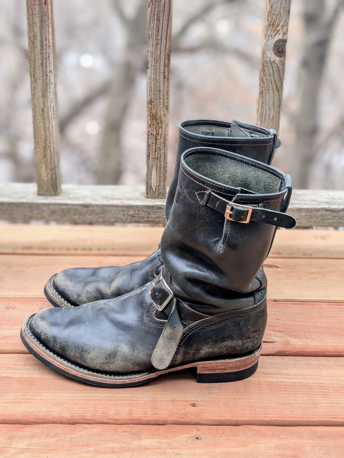 Photo by timelesstough on April 1, 2025 of the Wesco Mister Lou in Maryam Petrolio Waxed Black Horsehide.